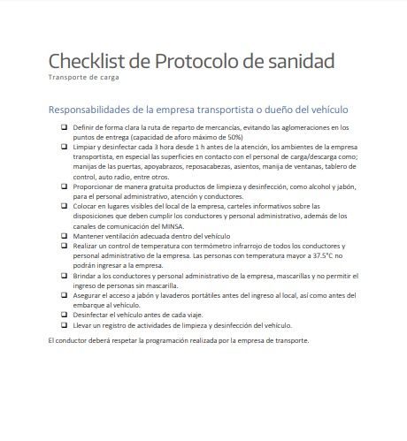 checklist protocolo sanidad desinfección transporte carga